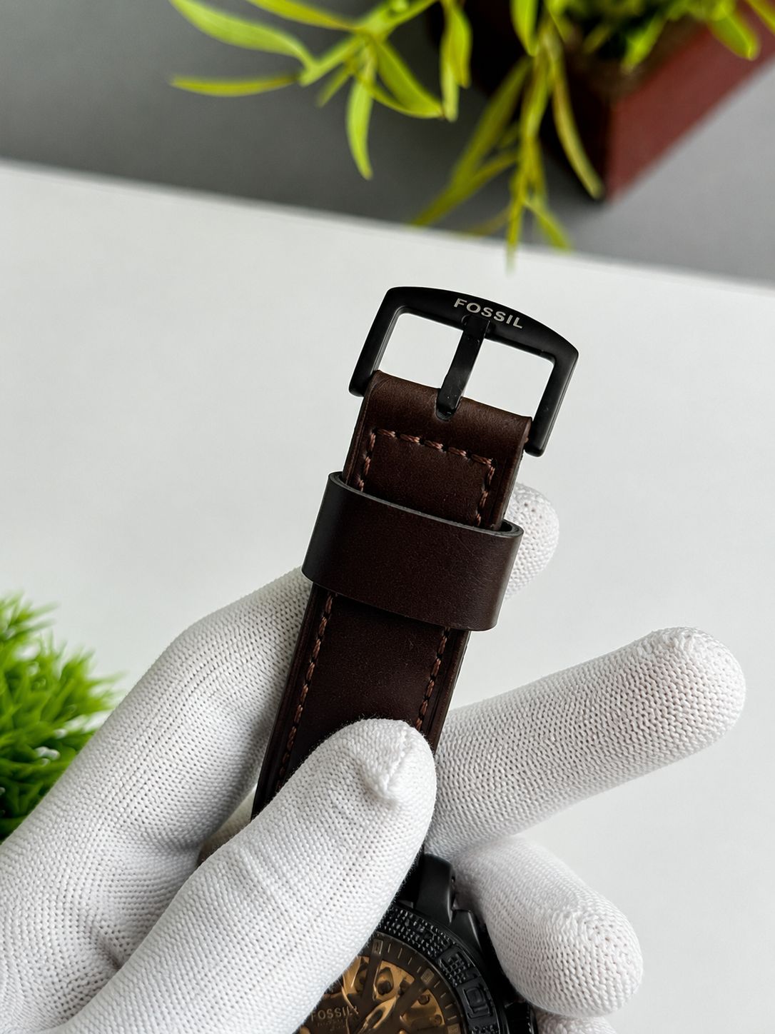 Fossiil Skeleton Dial Leather Strap Watch