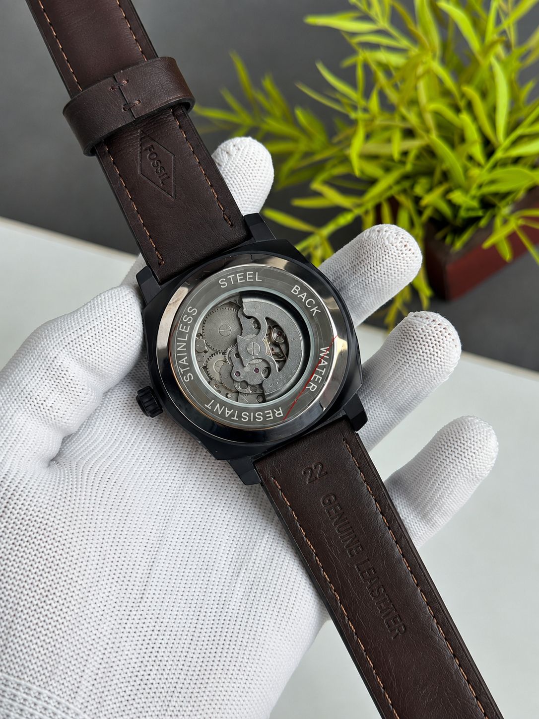 Fossiil Skeleton Dial Leather Strap Watch